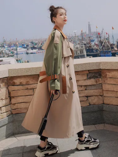 Brand New Fashion Women's Trench Coat Colorblock Long Double-Breasted with Belt Lady Windbreaker Spring Autumn Outerwear Clothes