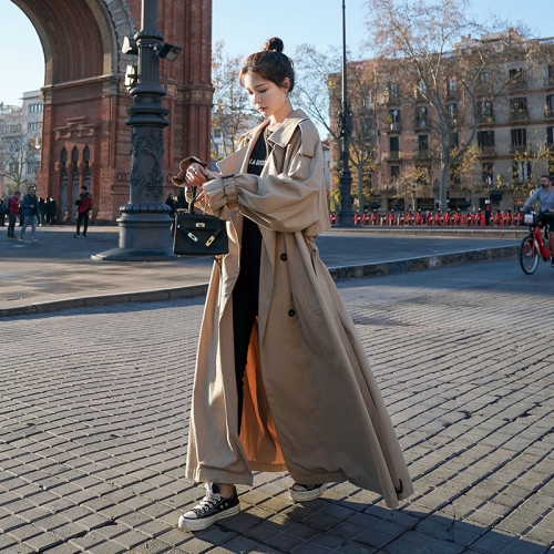 Korean Style Loose Oversized X-Long Women's Trench Coat Double-Breasted Belted Lady Cloak Windbreaker Spring Fall Outerwear Grey