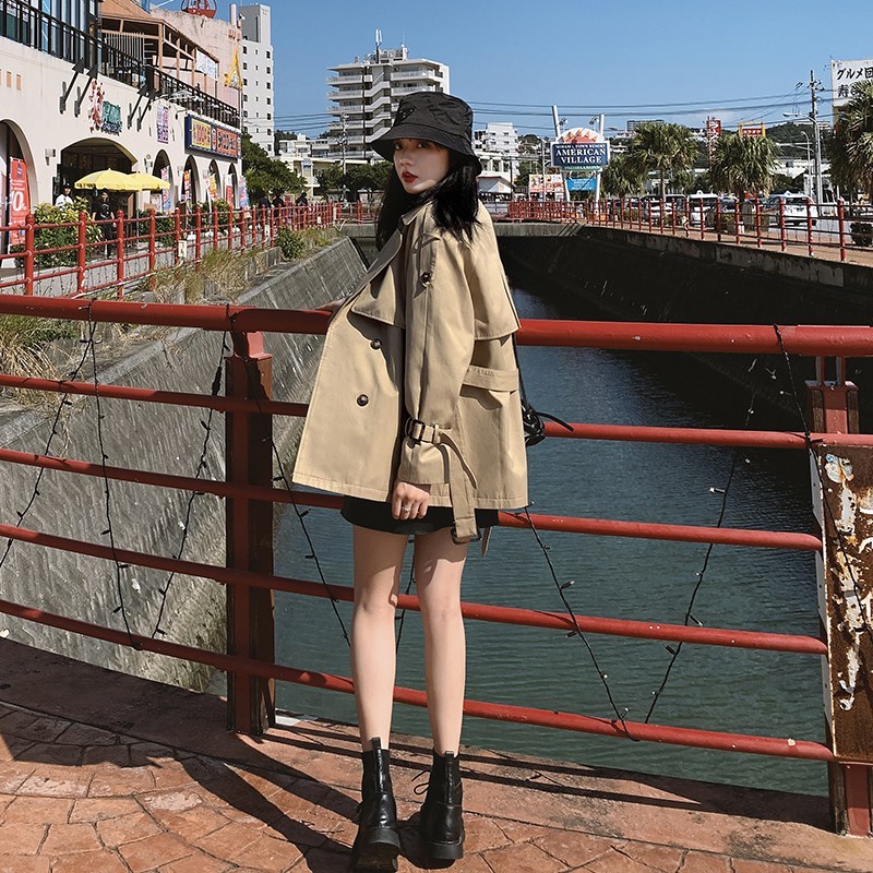 Classic Khaki Short Double-Breasted Trench Coat for Lady with Belts Flaps Women Windbreaker Spring Autumn Female Clothes