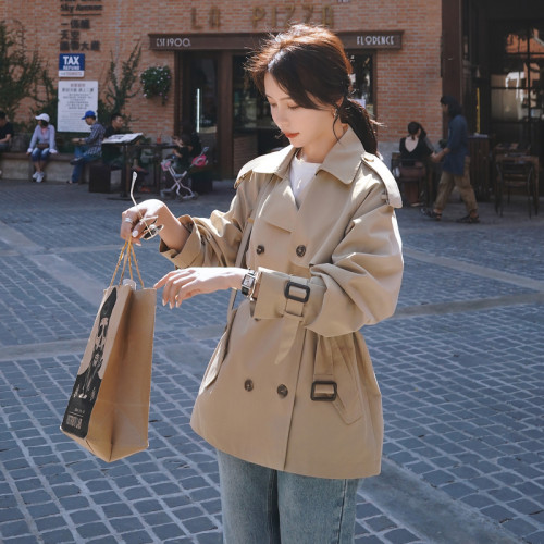 Fashion Elegant Women's Trench Coat Short Double-Breasted Belted with Flaps Office Lady Windbreaker Khaki Spring Autumn Casual