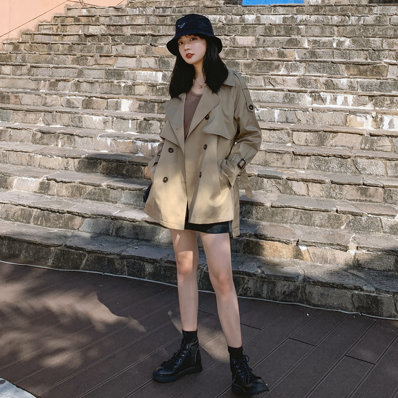 Classic Khaki Short Double-Breasted Trench Coat for Lady with Belts Flaps Women Windbreaker Spring Autumn Female Clothes