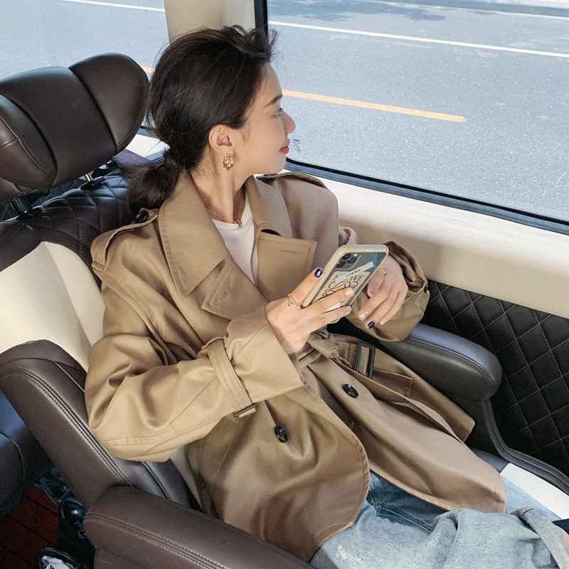 Classic Korean Style Lady Short Trench Coat for Women Double-Breasted Duster Coat Dark Khaki Female Outerwear Spring Autumn