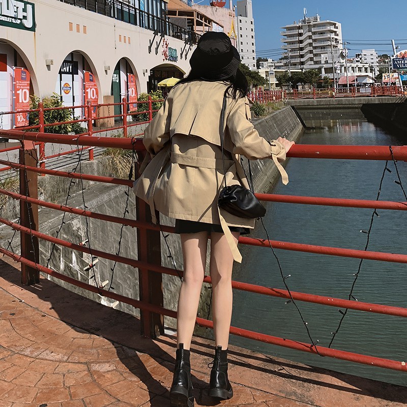 Classic Khaki Short Double-Breasted Trench Coat for Lady with Belts Flaps Women Windbreaker Spring Autumn Female Clothes