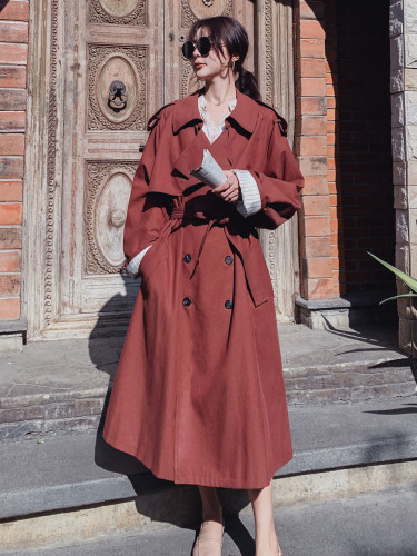 Quality Brand Women Trench Coat Red Khaki Double Breasted Wide-waisted Oversize Coat Office Lady Spring Autumn Outerwear 2020