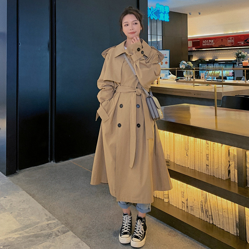 Fashion Pink Khaki Women Trench Coat Double-Breasted Long Belted Windbreaker with Flaps Spring Autumn Cloak Outerwear