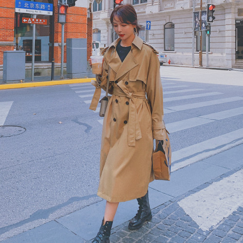 Khaki Windproof Trench Coat Women Long Double-Breasted Belted Oversize Duster Coat Cloak for Lady Outerwear Spring Autumn