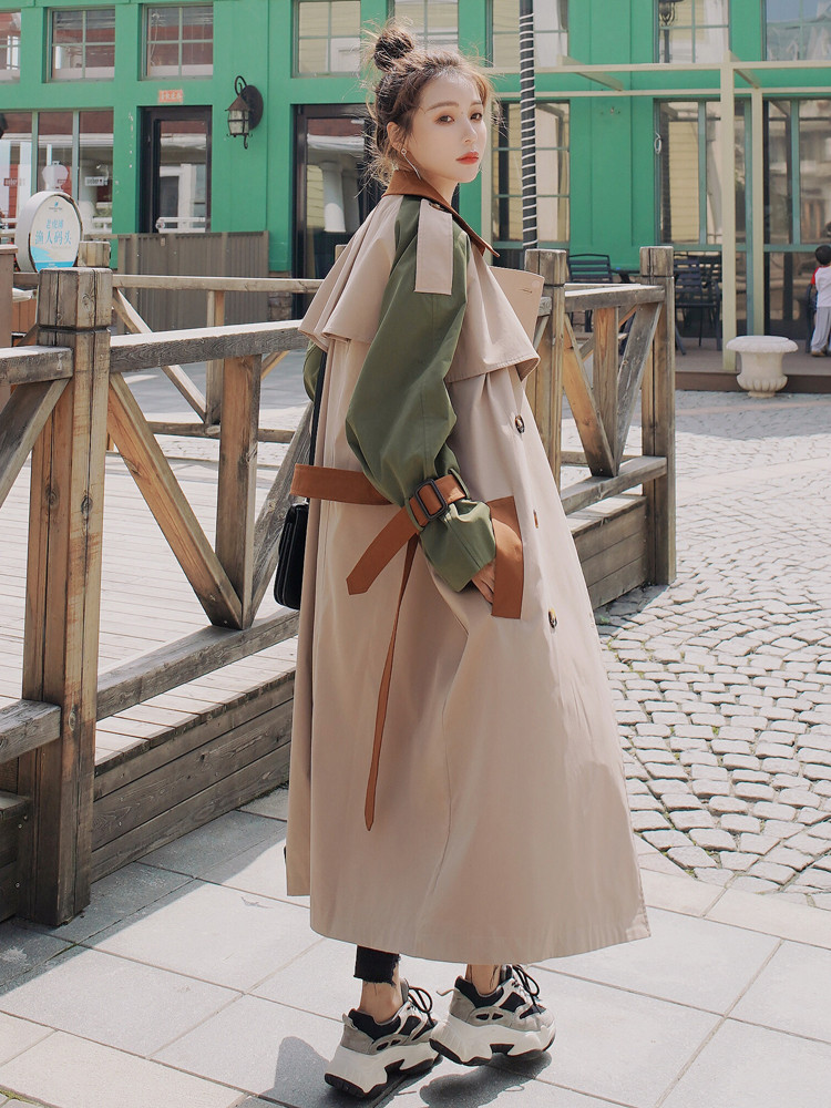 Brand New Fashion Women's Trench Coat Colorblock Long Double-Breasted with Belt Lady Windbreaker Spring Autumn Outerwear Clothes