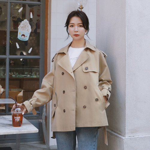 Fashion Elegant Women's Trench Coat Short Double-Breasted Belted with Flaps Office Lady Windbreaker Khaki Spring Autumn Casual