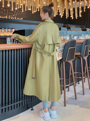 England Style Fashion Army Green Long Trench Coat Women Double-Breasted Belted Windbreaker Lady Duster Coat Spring Autumn