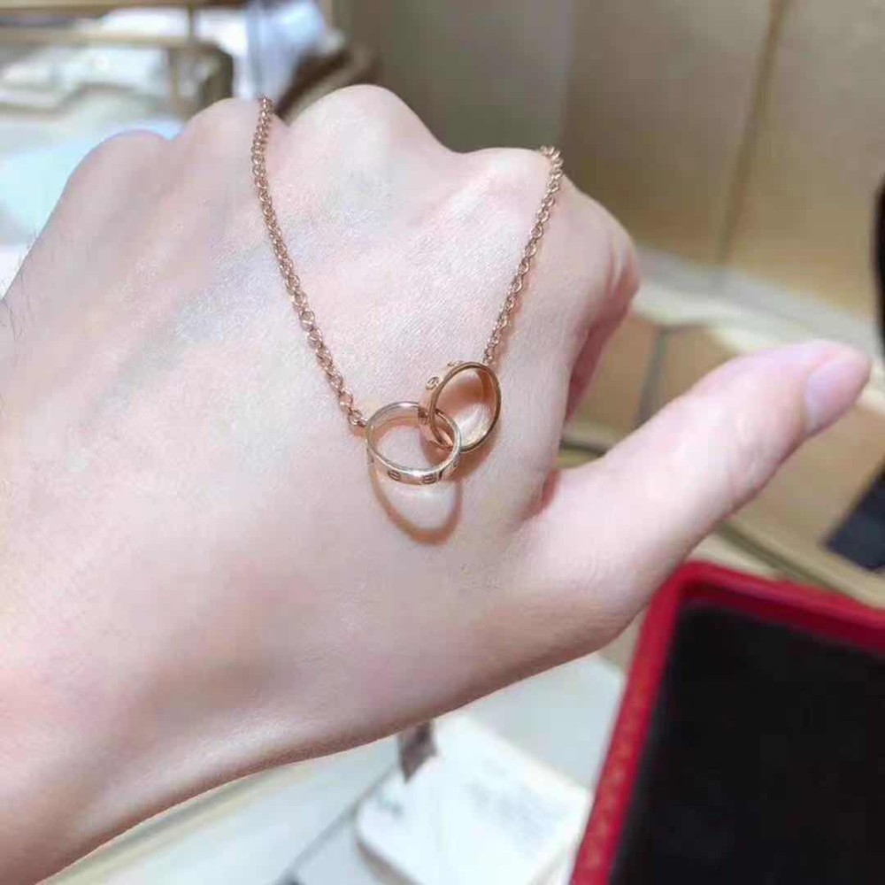 Cartier LOVE double ring necklace ring 18K rose gold without diamonds diamond clavicle chain female