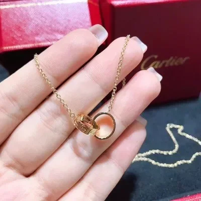 Cartier LOVE double ring necklace ring 18K rose gold diamond-less set with diamond clavicle chain woman
