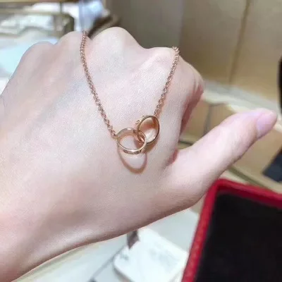 Cartier LOVE double ring necklace ring 18K rose gold diamond-less set with diamond clavicle chain woman