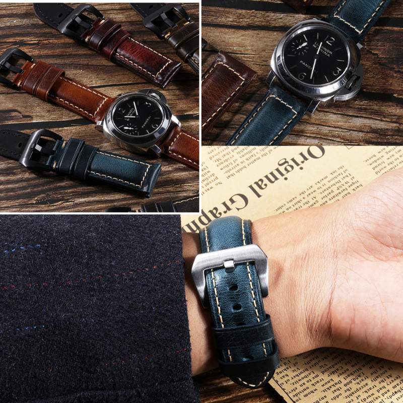 手工复古真皮手表带油蜡头层牛皮表链适用dw浪琴万国天梭针扣订制