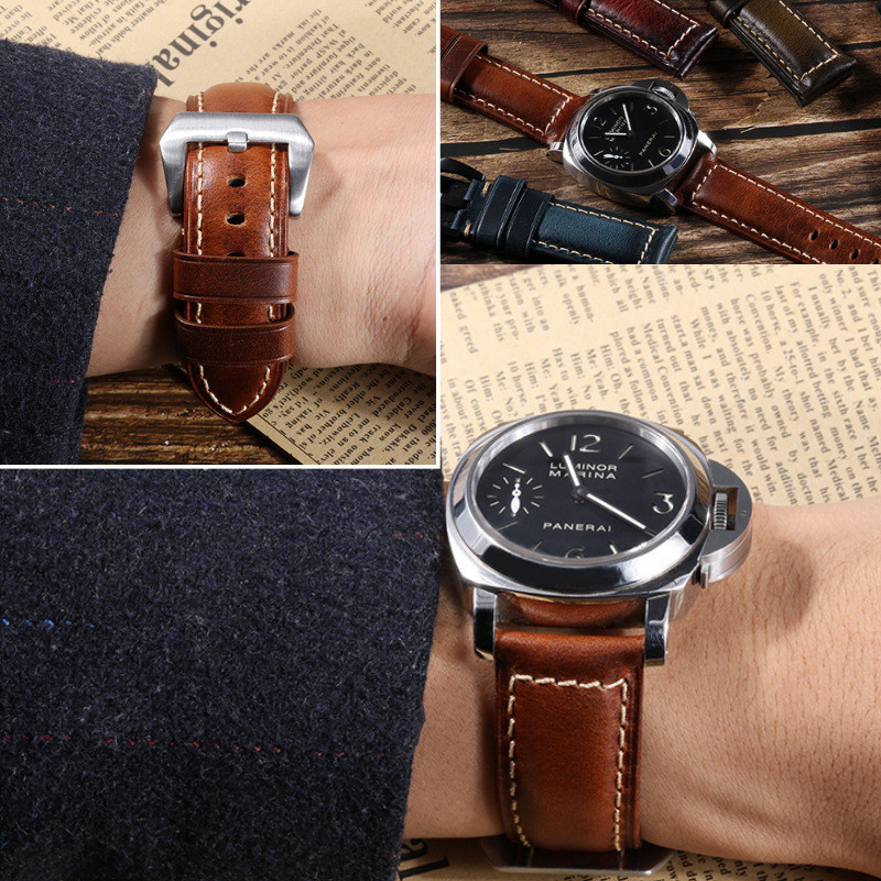 手工复古真皮手表带油蜡头层牛皮表链适用dw浪琴万国天梭针扣订制
