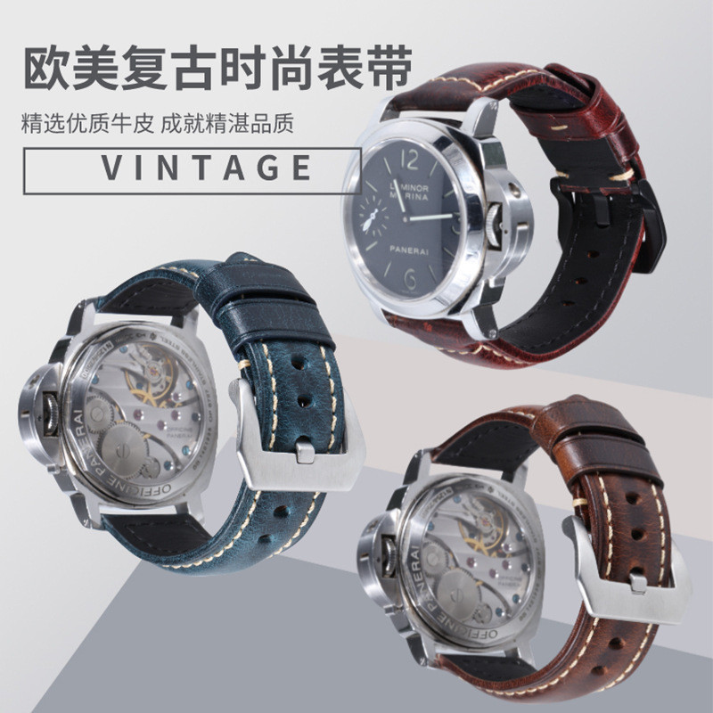 手工复古真皮手表带油蜡头层牛皮表链适用dw浪琴万国天梭针扣订制
