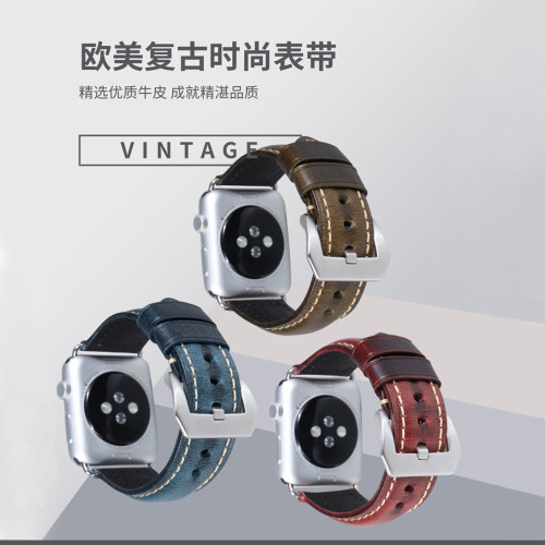 适用于苹果手表表带apple watch12345代头层真牛皮复古手表表带38