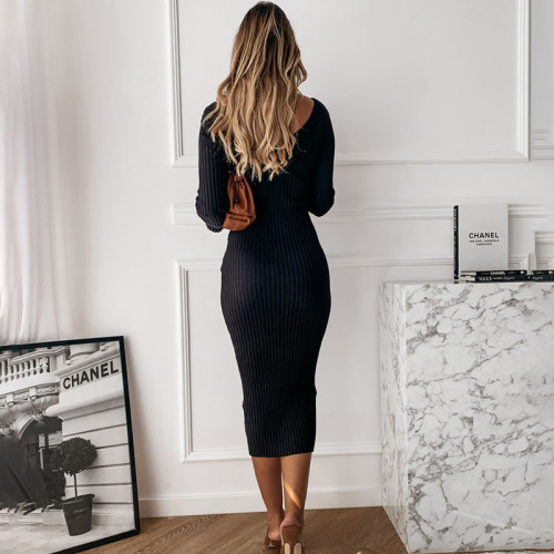 Autumn Knitted Dress V Neck Sexy Slim Elastic White Basic Bodycon Long Dress 2020 Winter Knit Simple Women Dresses Clothes