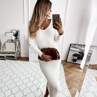 Autumn Knitted Dress V Neck Sexy Slim Elastic White Basic Bodycon Long Dress 2020 Winter Knit Simple Women Dresses Clothes