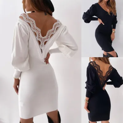 2020 Sexy Backless Lace Patchwork Women Dresses Autumn V Neck Lantern Long Sleeve Bodycon Dress Winter Slim Wrap Hip Dress Femme