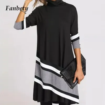 2020 Winter Turtleneck Warm Vintage Print Dress Women Autumn Elegant Long Sleeves Patchwork Dresses Female Casual Loose Vestidos