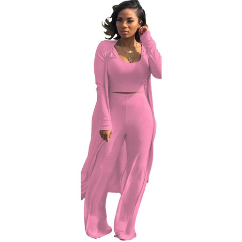Women 3 Piece Set Long Sleeve Coat Top Flared Pants Knitted Stretch Outfit Streetwear Matching Set Mejor Wholesale Dropshpping