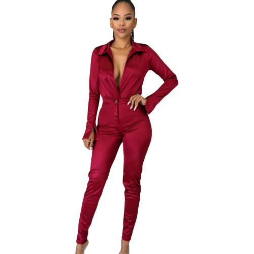 Women 2 Piece Set Solid Elegant Long Sleeve Short Bodysuit V Neck Shirt Skinny Pants Office Lady Outfit Wholesale Dropshpping