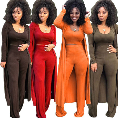 Women 3 Piece Set Long Sleeve Coat Top Flared Pants Knitted Stretch Outfit Streetwear Matching Set Mejor Wholesale Dropshpping