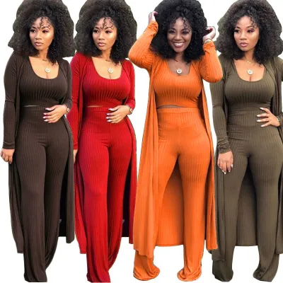 Women 3 Piece Set Long Sleeve Coat Top Flared Pants Knitted Stretch Outfit Streetwear Matching Set Mejor Wholesale Dropshpping