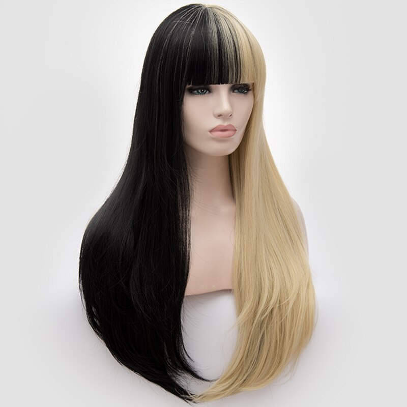 Similler Women Long Synthetic Wigs Patchwork Black Gold Straight Ombre Hair For Halloween Cosplay 2 Tones