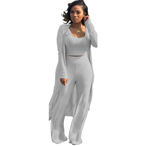 Women 3 Piece Set Long Sleeve Coat Top Flared Pants Knitted Stretch Outfit Streetwear Matching Set Mejor Wholesale Dropshpping