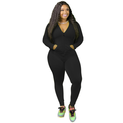 Women 2 Piece Set Solid Stretch Pocket Hooded Top Sport Leggings Tracksuit Jogger Matching Set Mujor Wholesale Dropshipping New