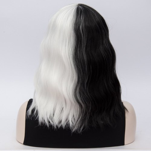 Similler Short Wigs for Halloween Cosplay Women Kinky Straight Synthetic Hair Wig Black White 2 Tones Patchwork