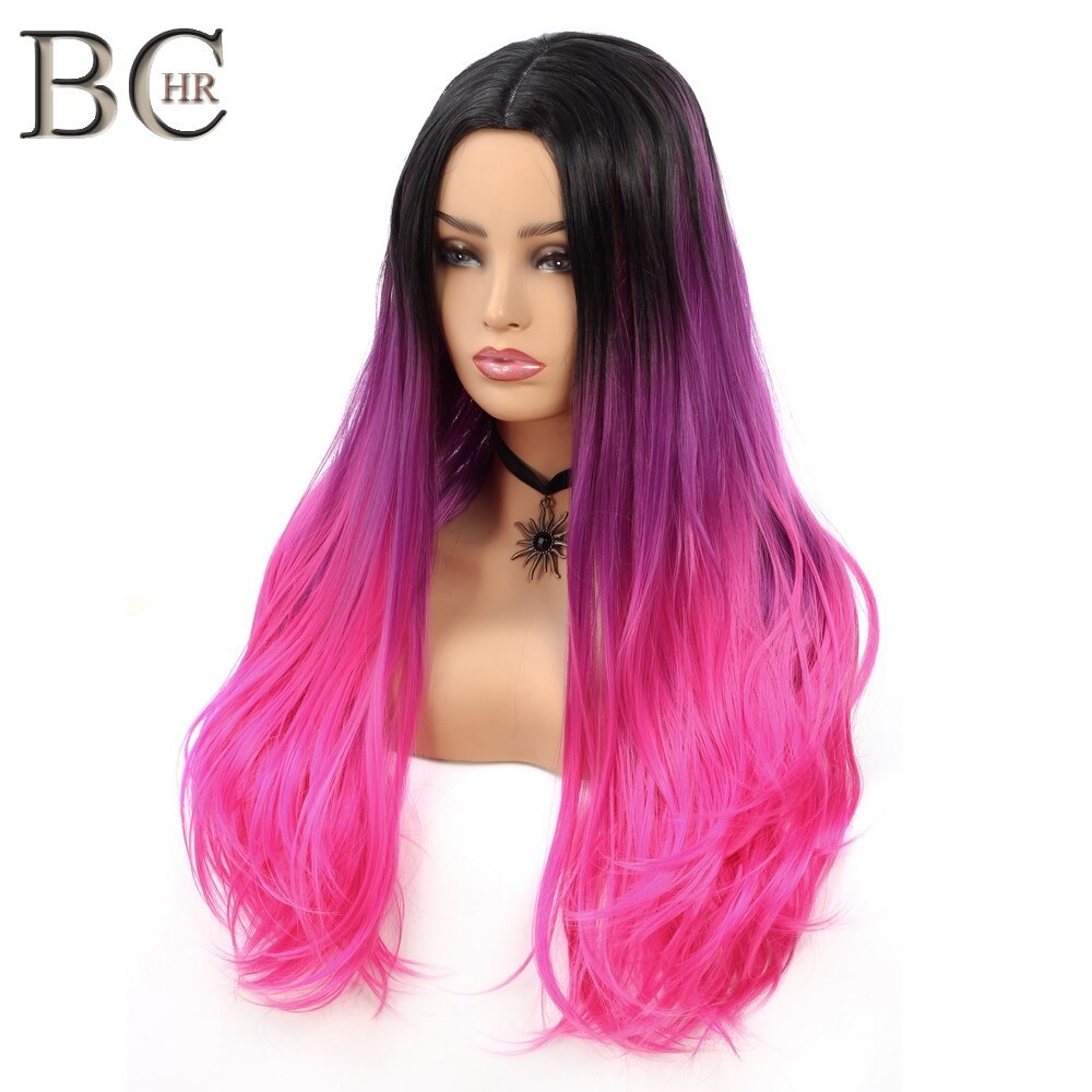 BCHR Long Ombre Middle Part Wig Black to Pink Synthetic Wigs for Women Middle Part Cosplay Wig for Hollywood Party Hair