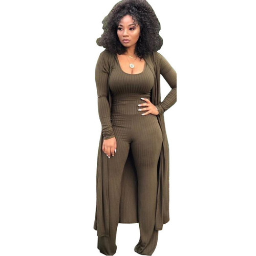 Women 3 Piece Set Long Sleeve Coat Top Flared Pants Knitted Stretch Outfit Streetwear Matching Set Mejor Wholesale Dropshpping