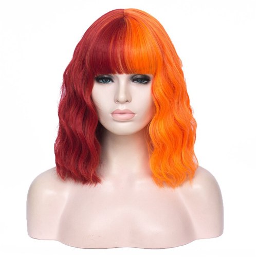 VICWIG Cosplay Wig Black Pink Red Orange Pink Green Purple Blue Two-Color Stitching Short Curly Hair Synthetic Wig For Women