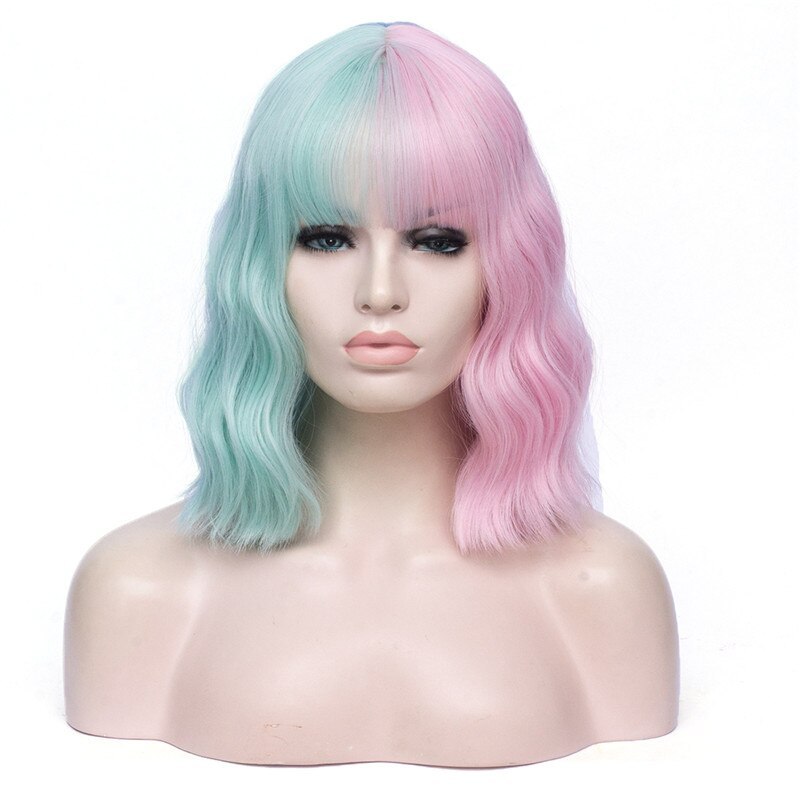 VICWIG Cosplay Wig Black Pink Red Orange Pink Green Purple Blue Two-Color Stitching Short Curly Hair Synthetic Wig For Women