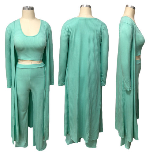 Women 3 Piece Set Long Sleeve Coat Top Flared Pants Knitted Stretch Outfit Streetwear Matching Set Mejor Wholesale Dropshpping