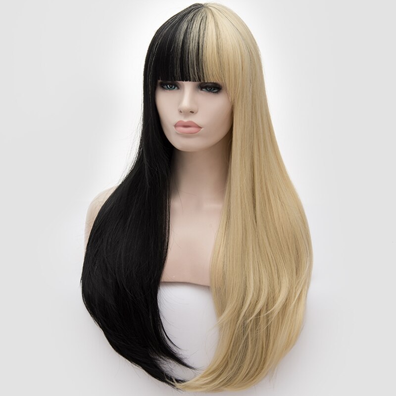 Similler Women Long Synthetic Wigs Patchwork Black Gold Straight Ombre Hair For Halloween Cosplay 2 Tones