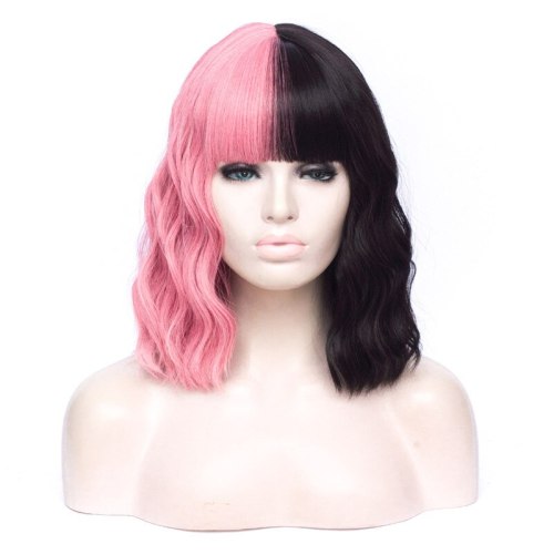 VICWIG Cosplay Wig Black Pink Red Orange Pink Green Purple Blue Two-Color Stitching Short Curly Hair Synthetic Wig For Women