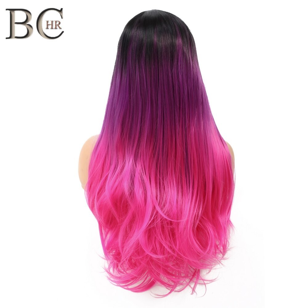 BCHR Long Ombre Middle Part Wig Black to Pink Synthetic Wigs for Women Middle Part Cosplay Wig for Hollywood Party Hair