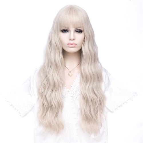 MSIWIGS Women Long Wavy Blonde Synthetic Wig with Bangs Grey Pink Hair Cosplay Girl Wig Heat Resistant