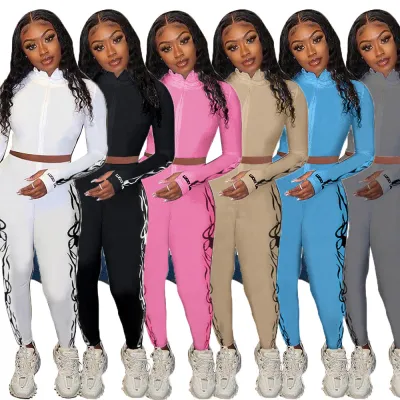 New Lucky Label 2 Piece Set Women ZipTop Pencil Pants Knitted High Stretch Outfit Jogger Matching Set Girl Wholesale Dropshpping
