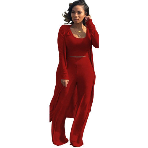 Women 3 Piece Set Long Sleeve Coat Top Flared Pants Knitted Stretch Outfit Streetwear Matching Set Mejor Wholesale Dropshpping