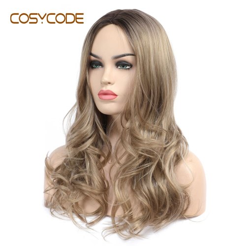 COSYCODE Long Wavy Synthetic Wig for Womem Honey Blonde 24 inch 60 cm Cosplay Middle Part Non-Lace Costume Wigs Heat Resistant