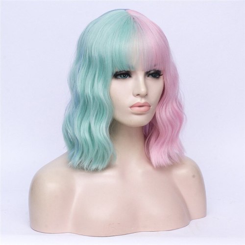 VICWIG Cosplay Wig Black Pink Red Orange Pink Green Purple Blue Two-Color Stitching Short Curly Hair Synthetic Wig For Women