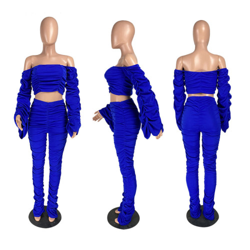 Two Piece Set Women Draped Flared Long Sleeve Off Shoulder Top Stacked Leggings Street Wear Macthing Set Wholesale Dropshpping