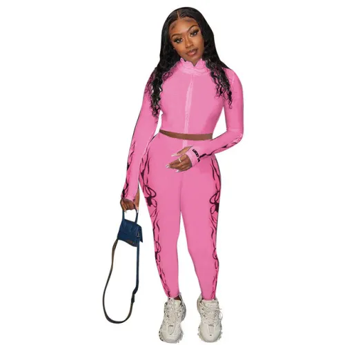 New Lucky Label 2 Piece Set Women ZipTop Pencil Pants Knitted High Stretch Outfit Jogger Matching Set Girl Wholesale Dropshpping