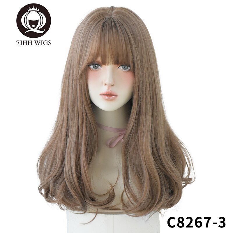 7JHH WIGS Light Brown Wig For Women With Fringe Fashion Heat Resistant Mid-Length Synthetic Wig