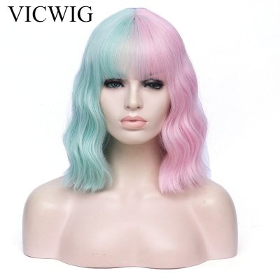 VICWIG Cosplay Wig Black Pink Red Orange Pink Green Purple Blue Two-Color Stitching Short Curly Hair Synthetic Wig For Women