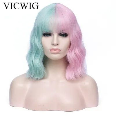 VICWIG Cosplay Wig Black Pink Red Orange Pink Green Purple Blue Two-Color Stitching Short Curly Hair Synthetic Wig For Women